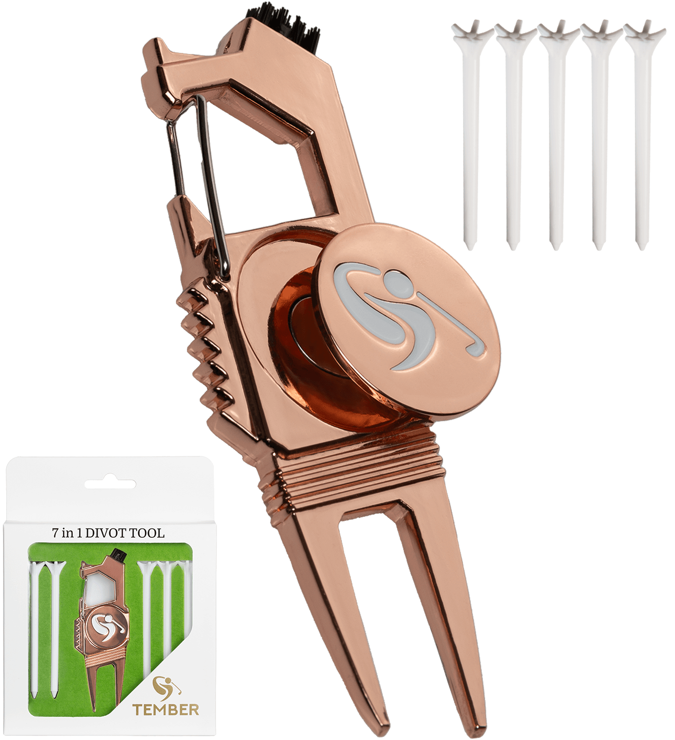 Golf Divot Tool with Ball Marker and 5 Golf Tees 3 1/4" (Rose Gold)